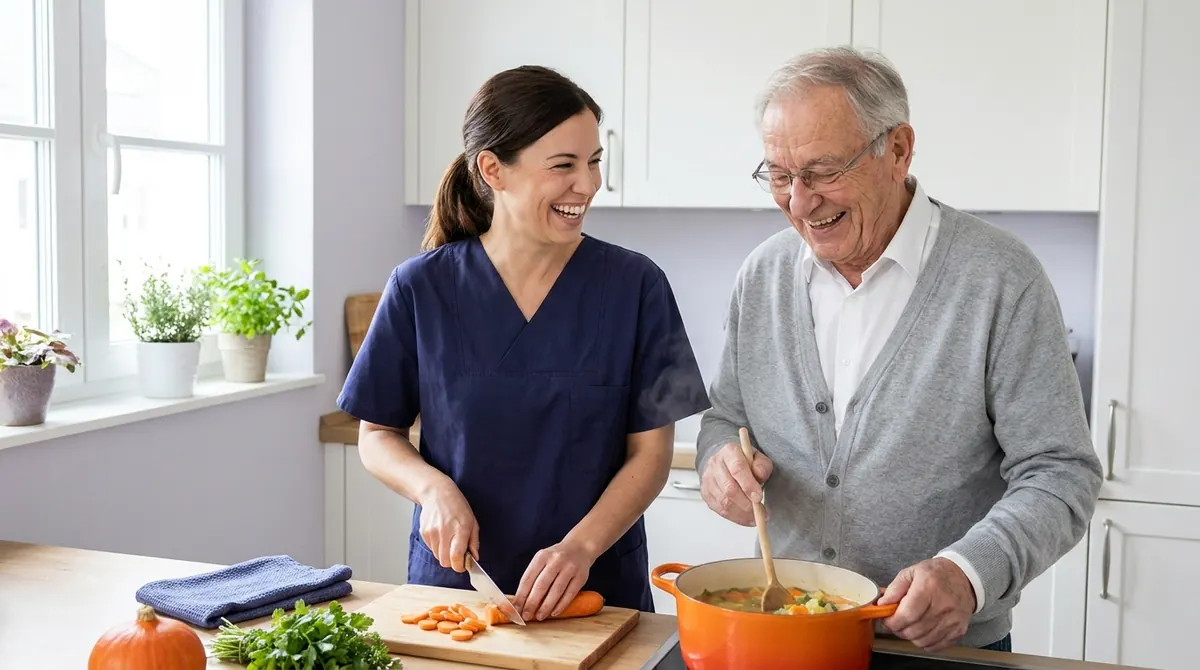 Pflegerin und älterer Herr kochen lachend gemeinsam Gemüsesuppe