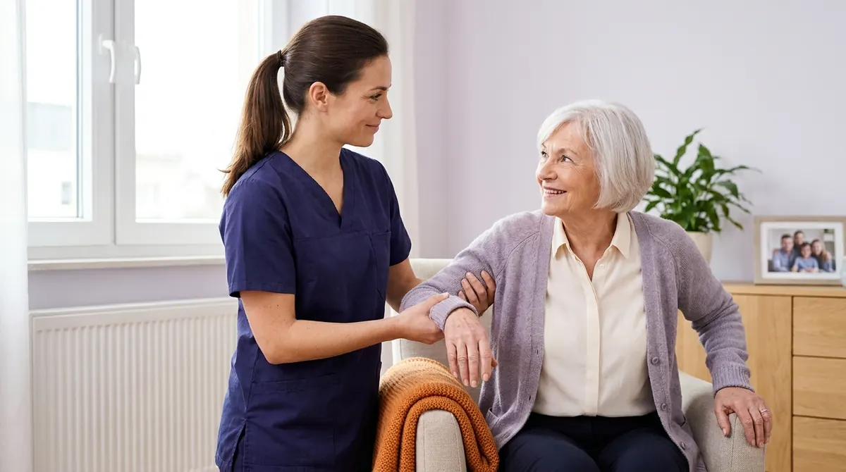 Pflegerin stützt eine Seniorin beim Aufstehen aus dem Sessel