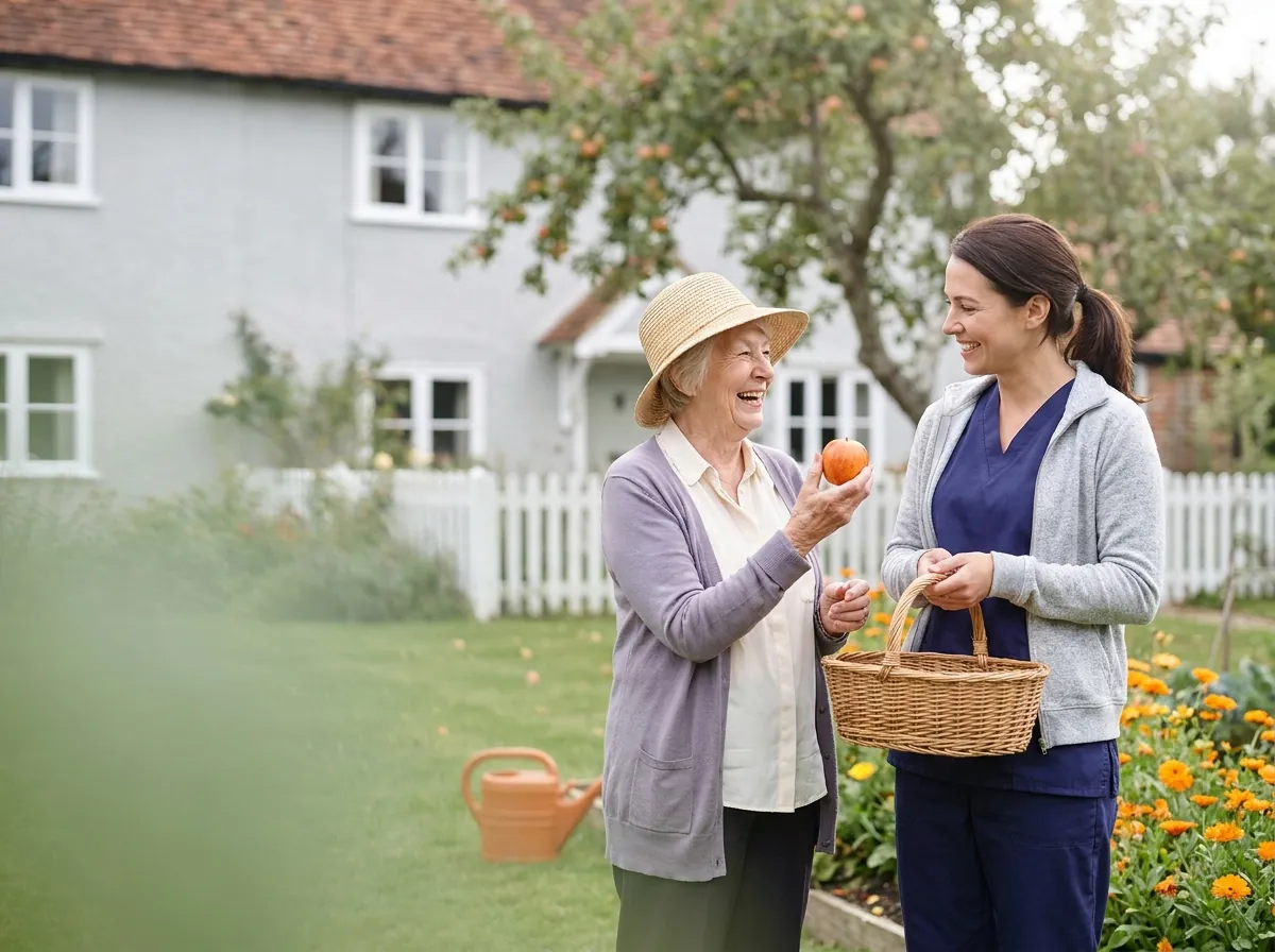 Seniorin zeigt der Pflegerin im eigenen Garten einen frisch gepflückten Apfel